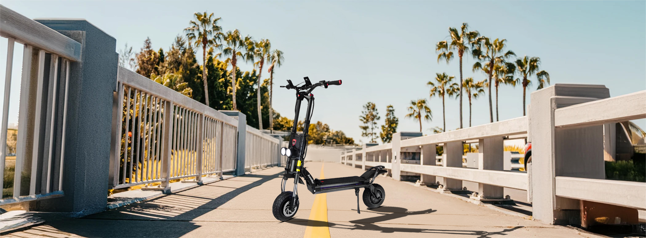 Electric scooter on sunny palm-lined boardwalk