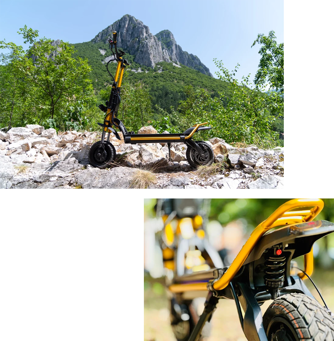 Yellow off-road electric scooter on rocky trail