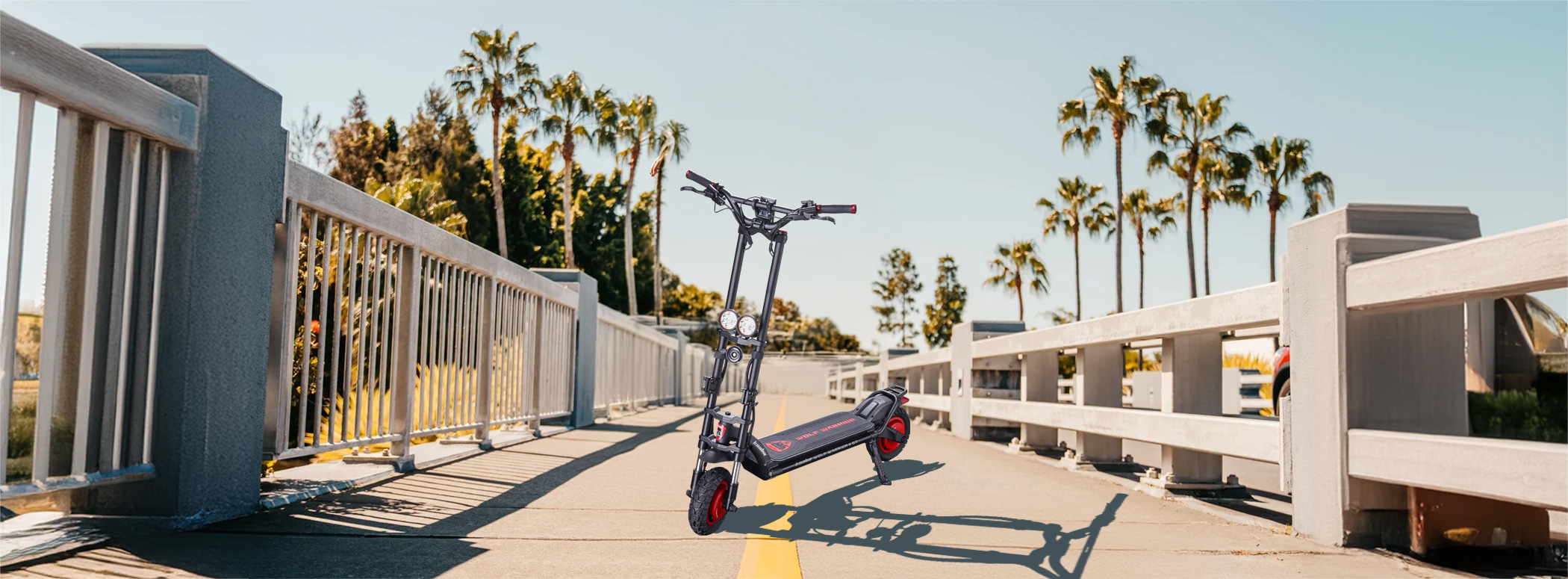 Electric scooter on bridge with palm trees